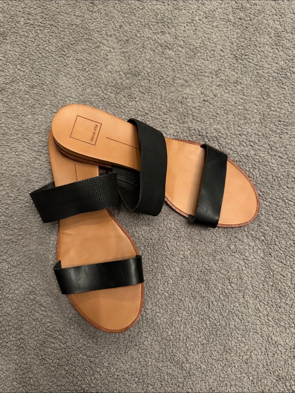 Dolce Vita Black Dual-Strap Slide Sandals with Tan Footbed